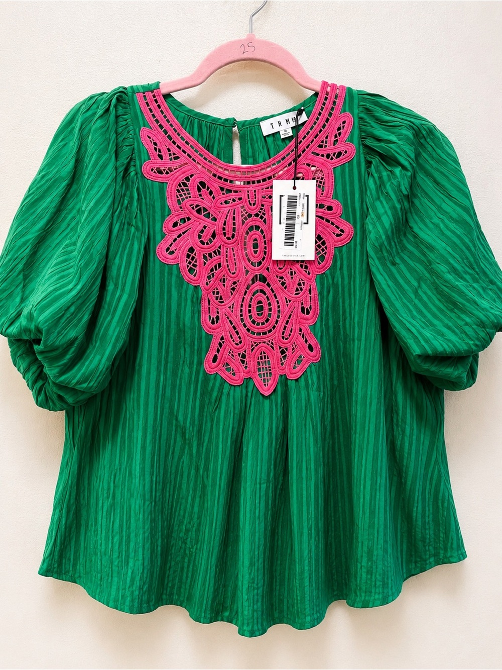 THML Emerald Green Puff-Sleeve Blouse with Hot Pink Crochet Bib